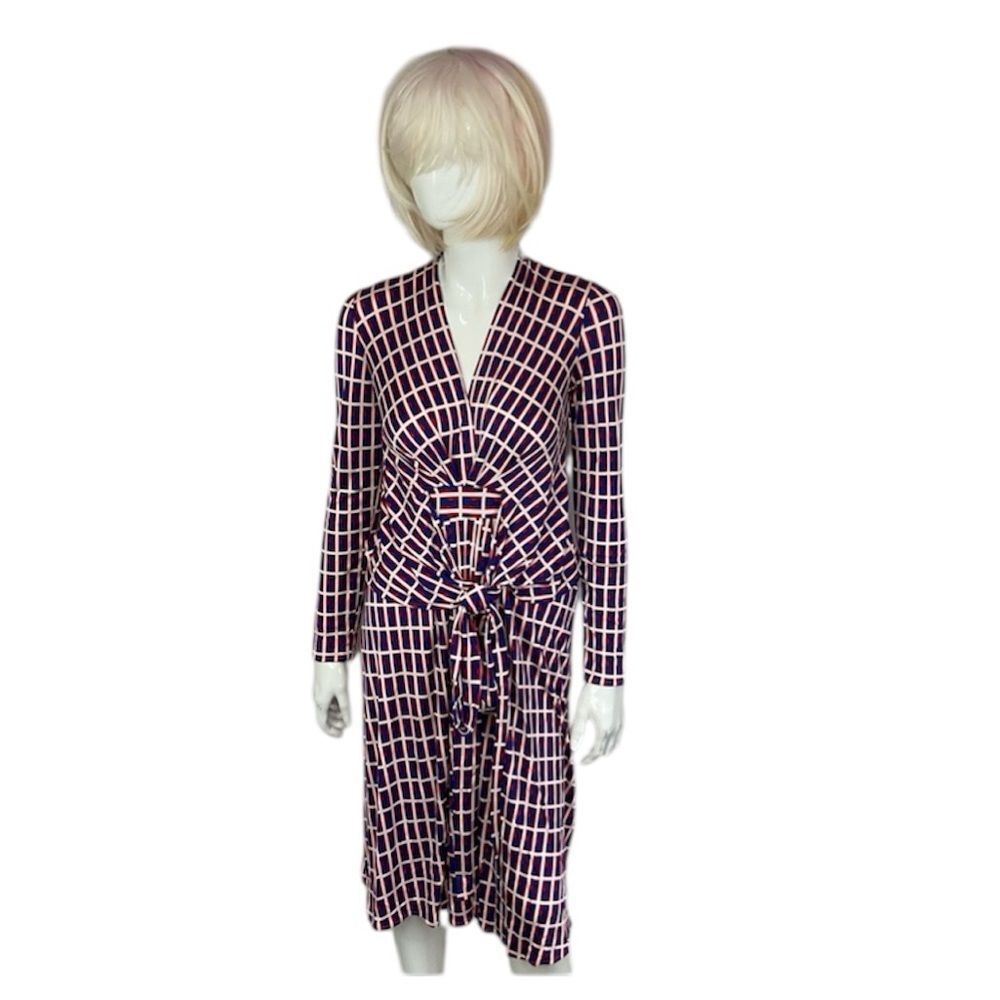 Issa London Blue Red White Geometric 100% Silk Long Sleeve Dress Size 6